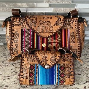 Handmade Peruvian leather hand tooled tribal crossbody adjustable purse set
